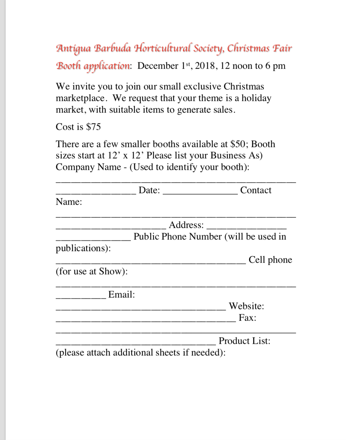 2018 Dec 1st Christmas Fair Booth application